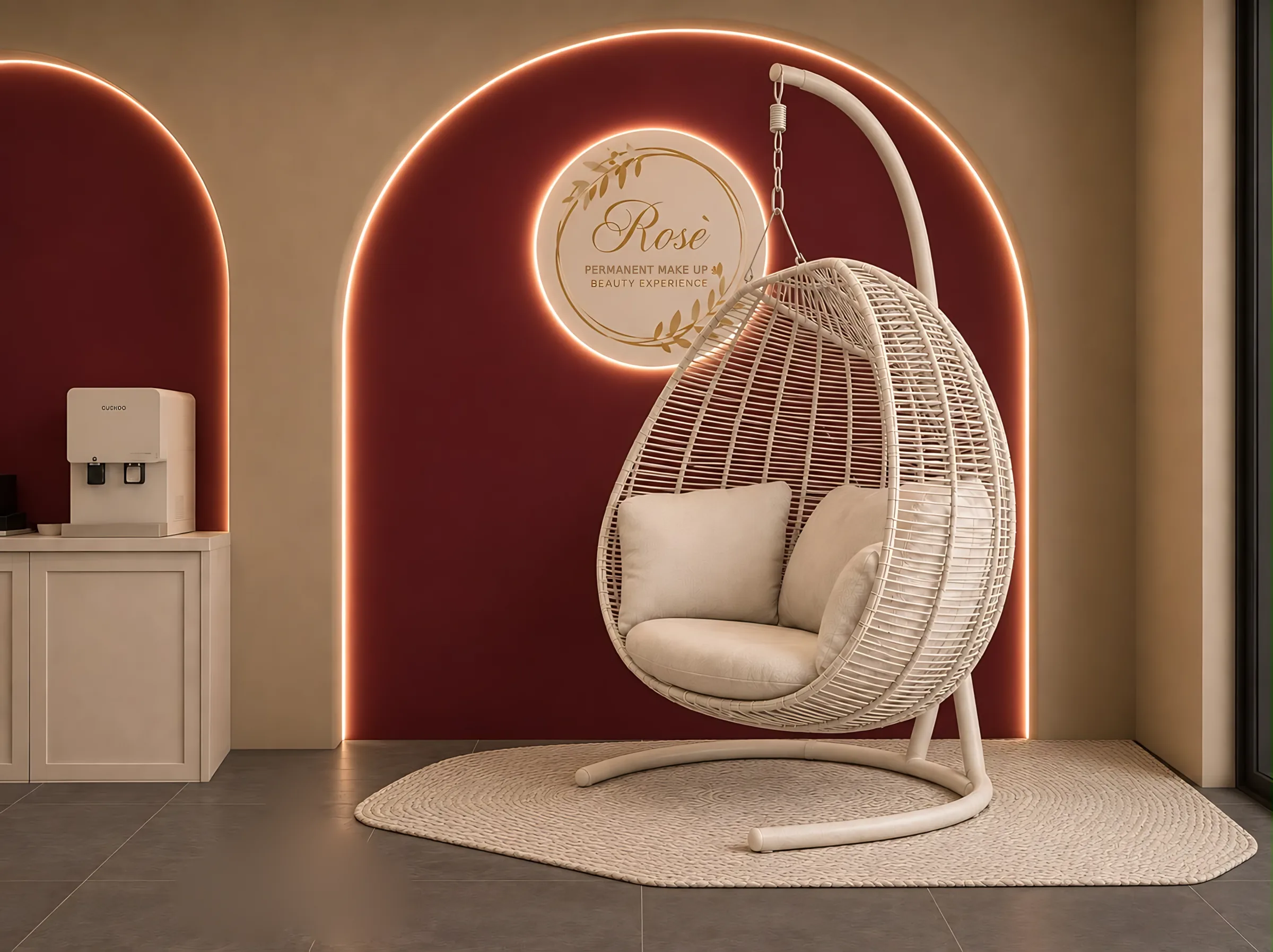 Selfie corner del centro con il logo Rosè retroilluminato e la poltrona sospesa (render di progetto)