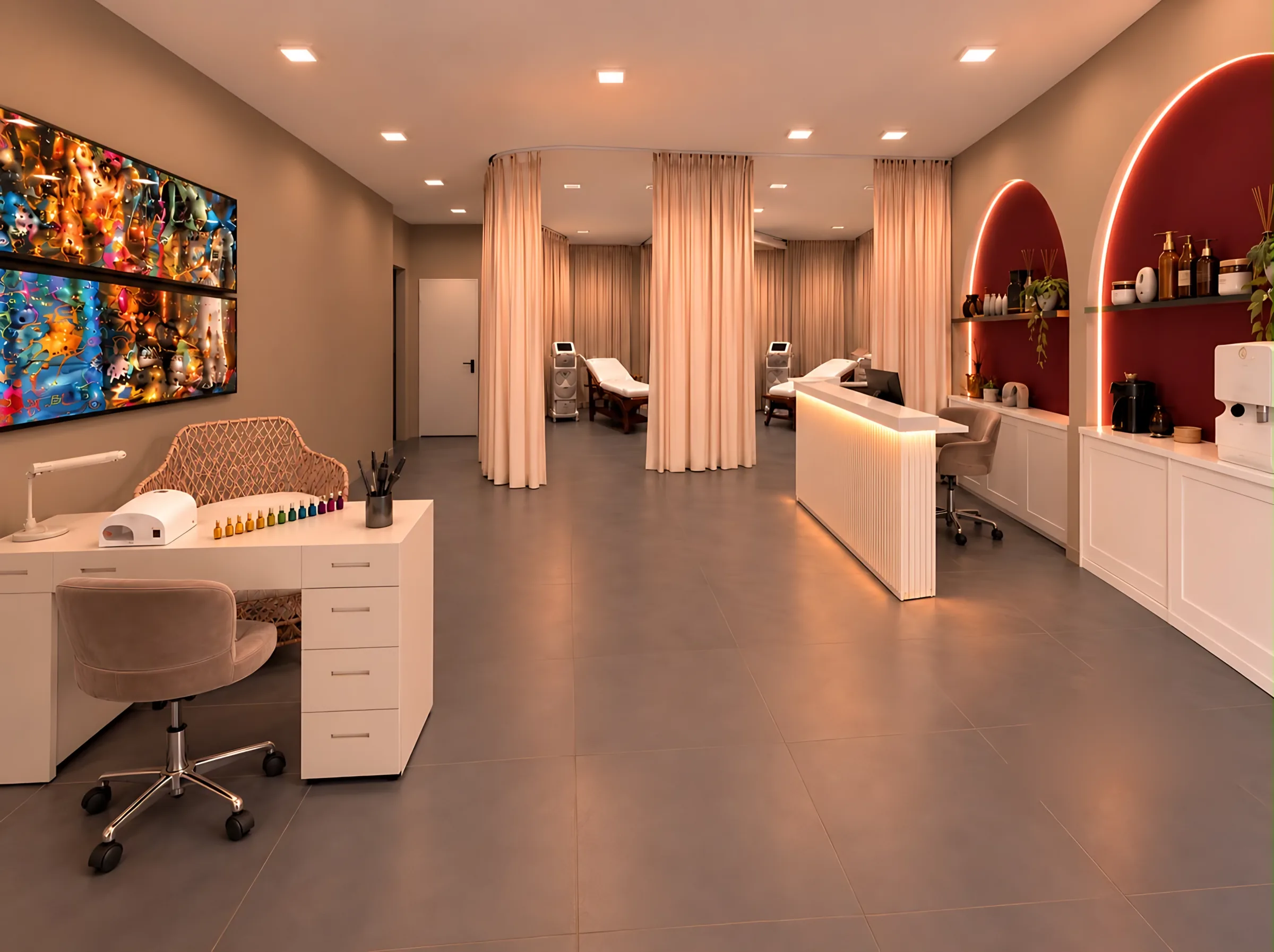 Vista generale del centro: accoglienza, beauty area e nicchie illuminate (render di progetto)